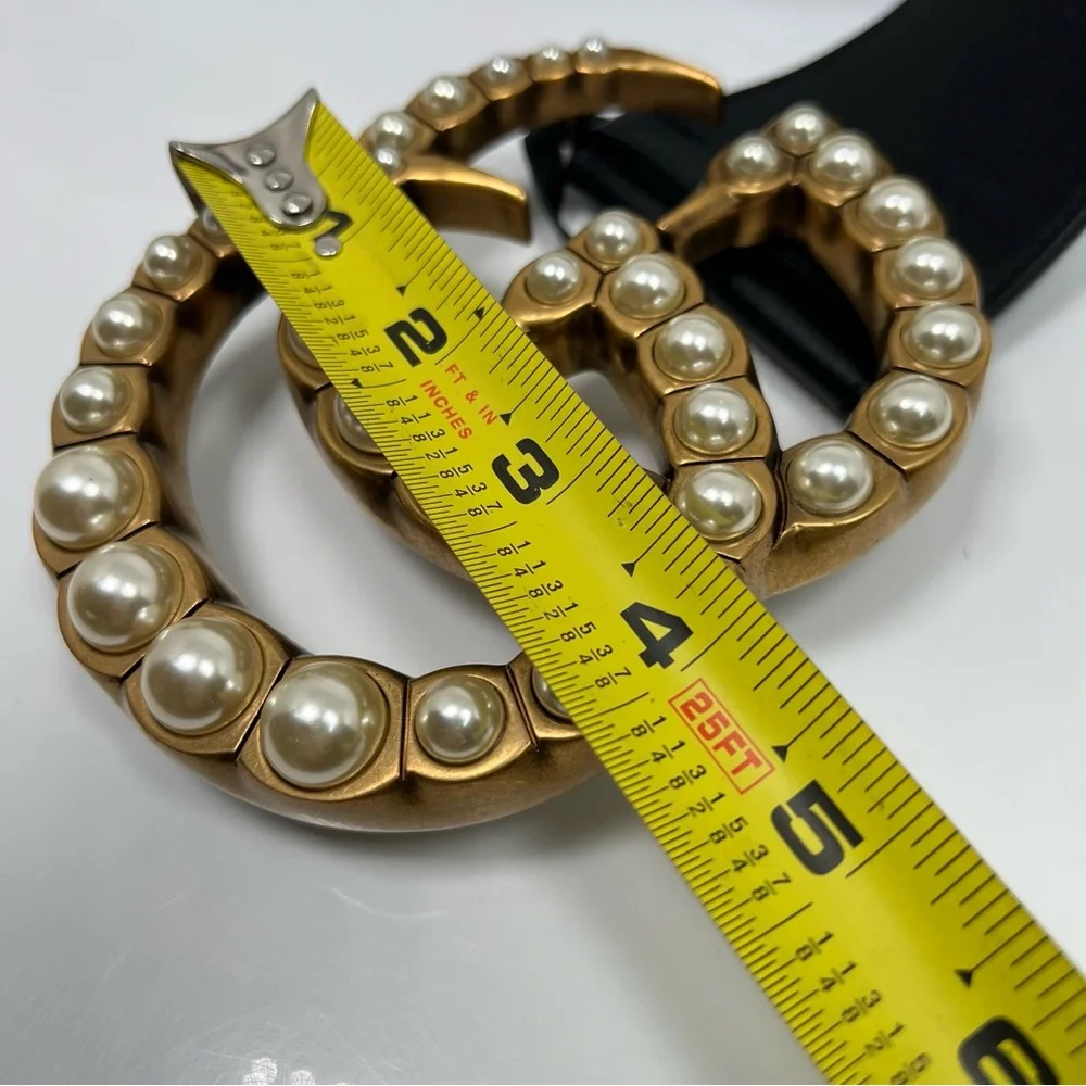 Gucci GG Faux Pearl Accent Black Wide Belt Size 95 - 38 - Picture 7 of 8